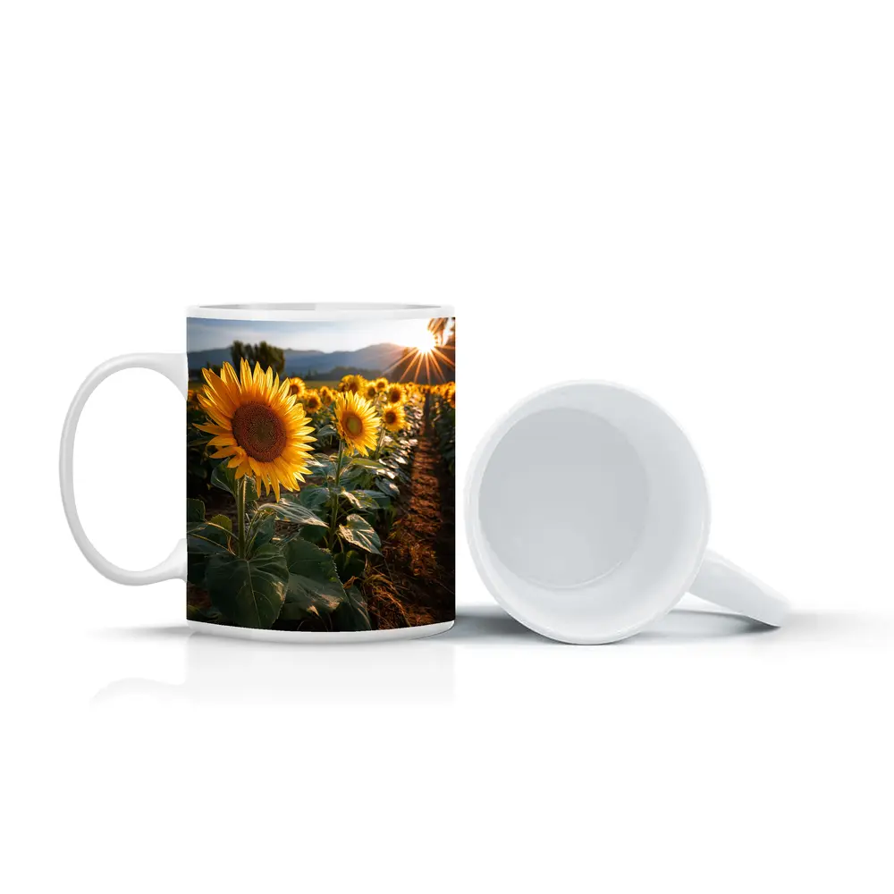 Sunflower Field Golden Hour Mountain Backdrop – Mugs