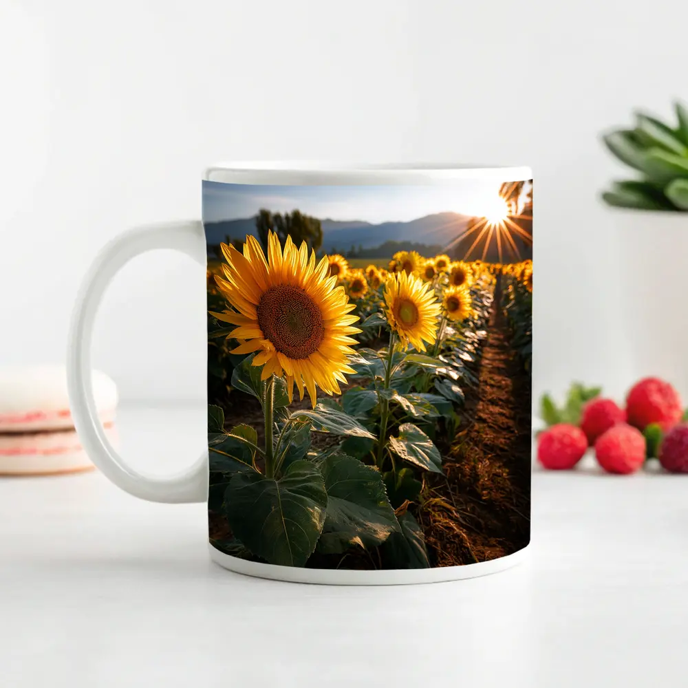 Sunflower Field Golden Hour Mountain Backdrop – Mugs