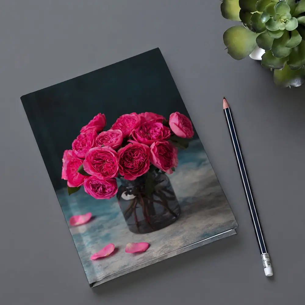 Pink Roses Bouquet In Glass Vase – Notebooks