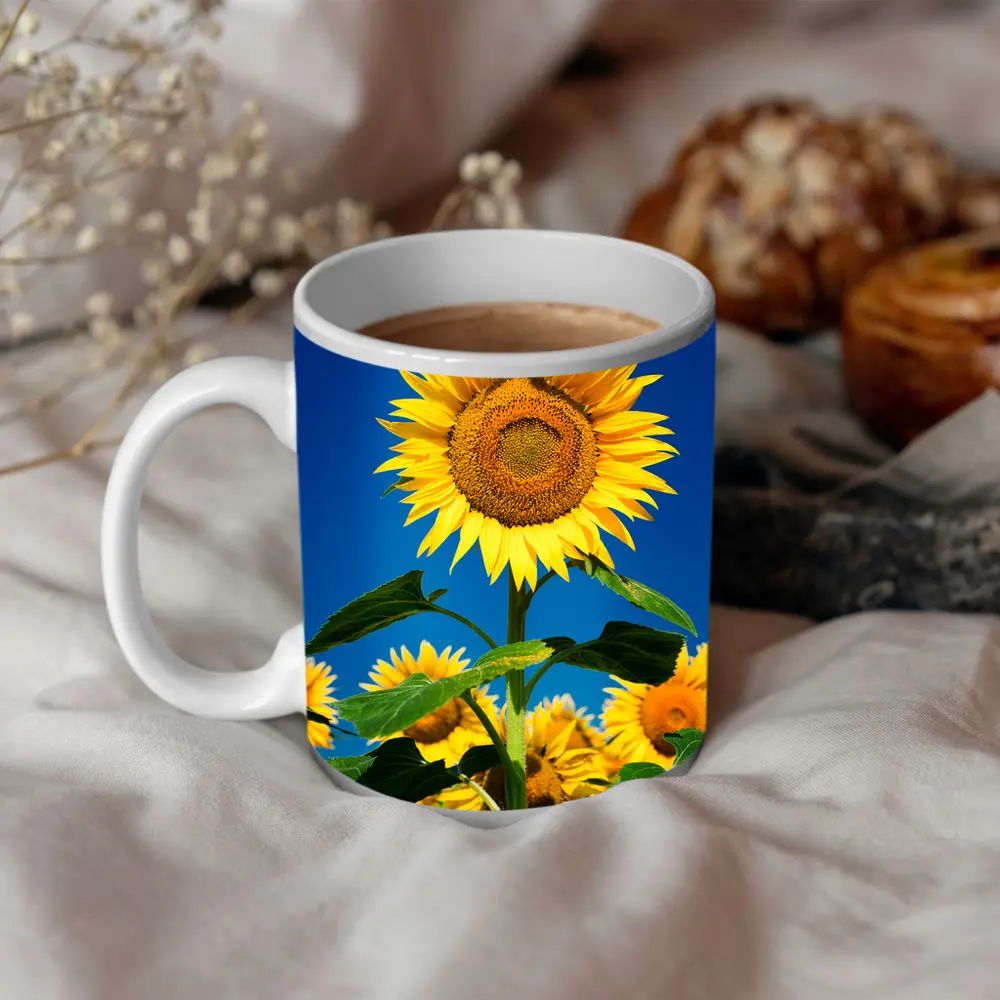 Sunflower Field Against Clear Blue Sky – Mugs