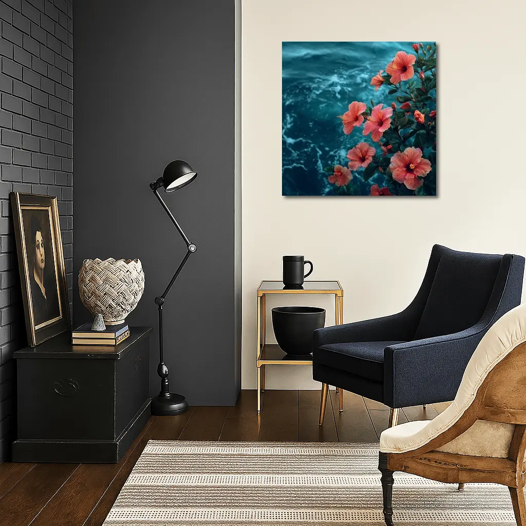 Pink Hibiscus Flowers Over Teal Ocean – Wall Art