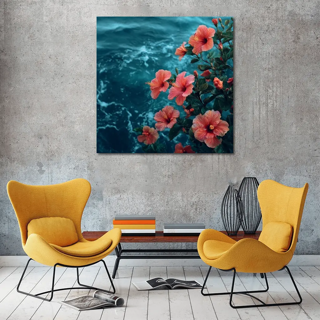 Pink Hibiscus Flowers Over Teal Ocean – Wall Art