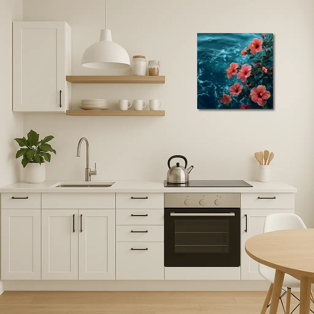 Pink Hibiscus Flowers Over Teal Ocean – Wall Art
