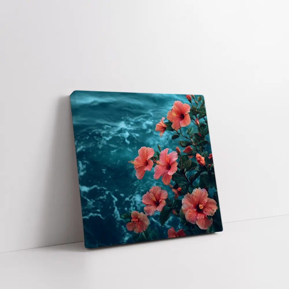 Pink Hibiscus Flowers Over Teal Ocean – Wall Art