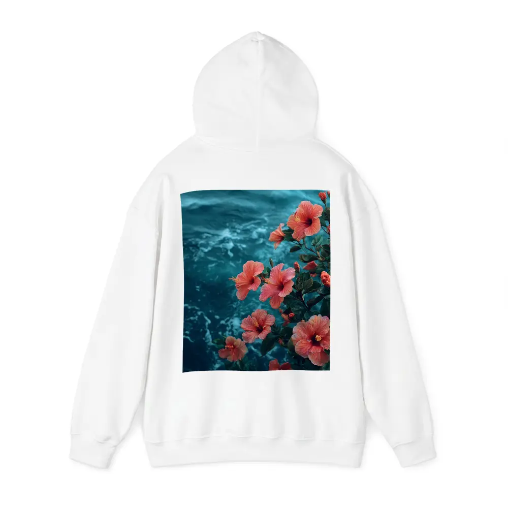 Pink Hibiscus Flowers Over Teal Ocean – Hoodies