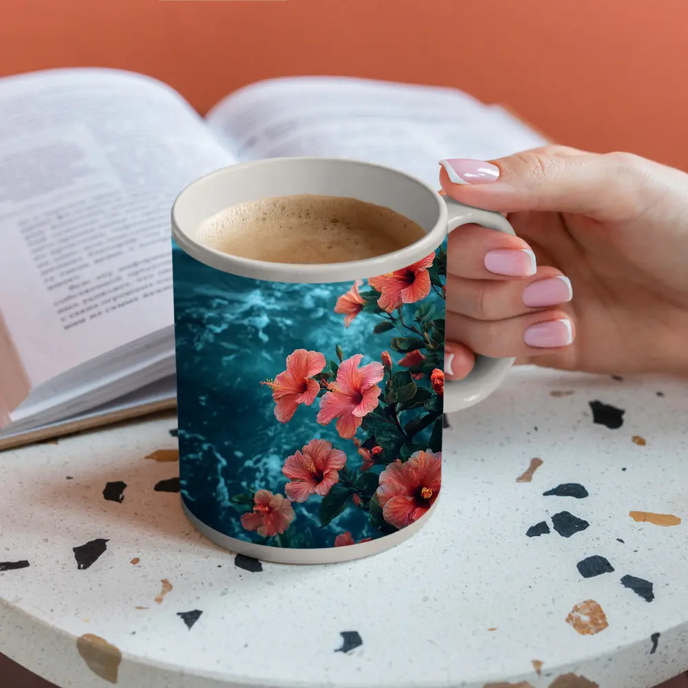 Pink Hibiscus Flowers Over Teal Ocean – Mugs