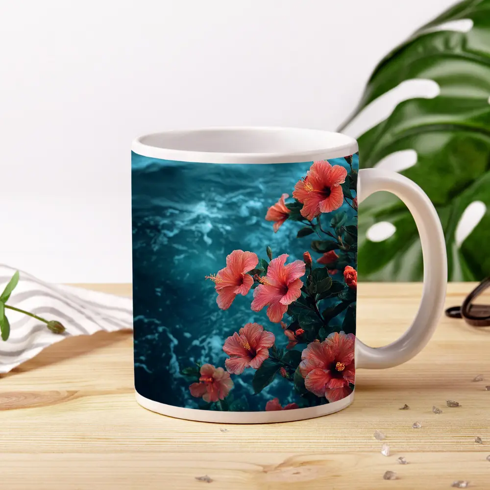 Pink Hibiscus Flowers Over Teal Ocean – Mugs