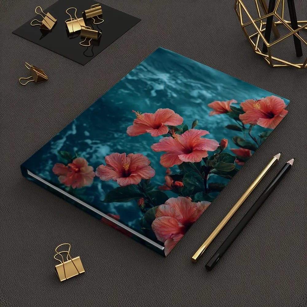 Pink Hibiscus Flowers Over Teal Ocean – Notebooks