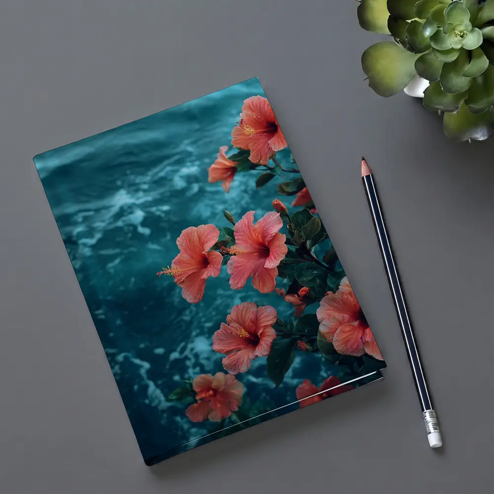 Pink Hibiscus Flowers Over Teal Ocean – Notebooks