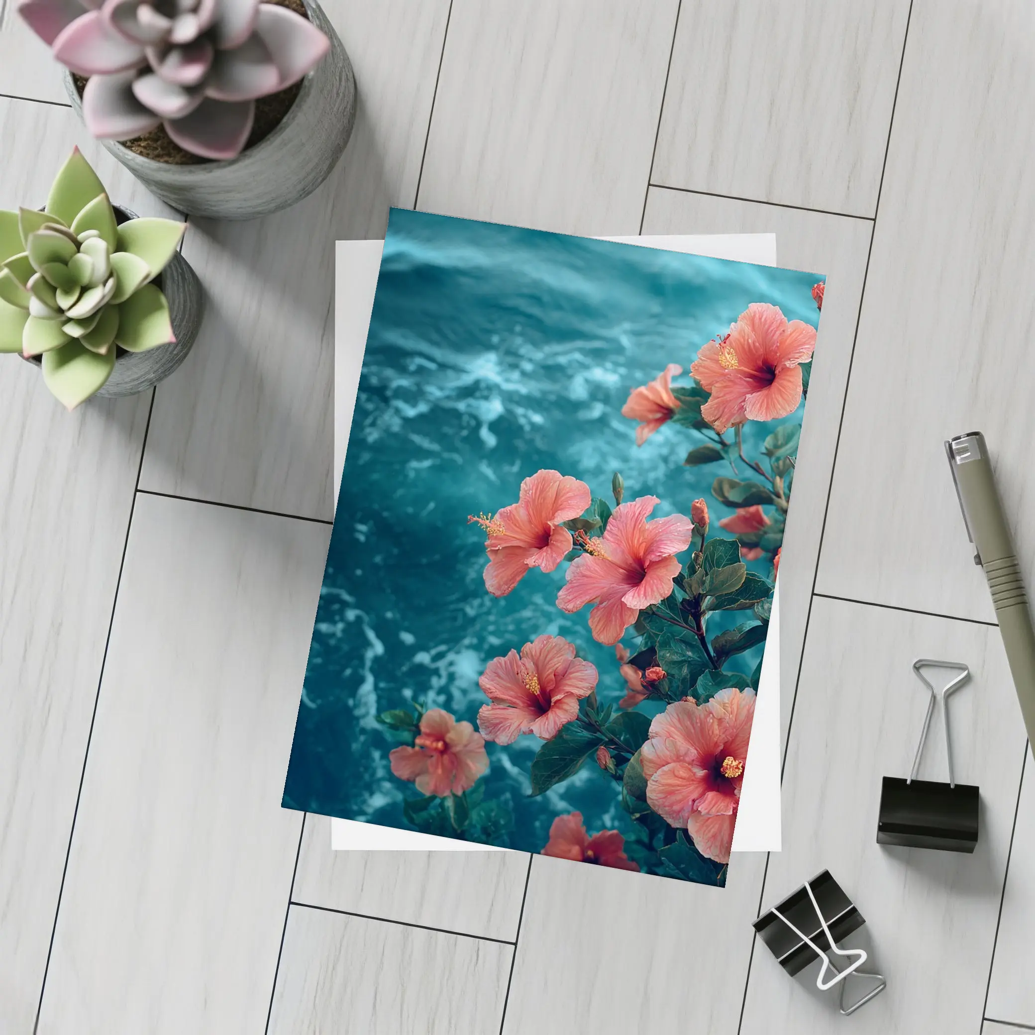 Pink Hibiscus Flowers Over Teal Ocean – Postcards