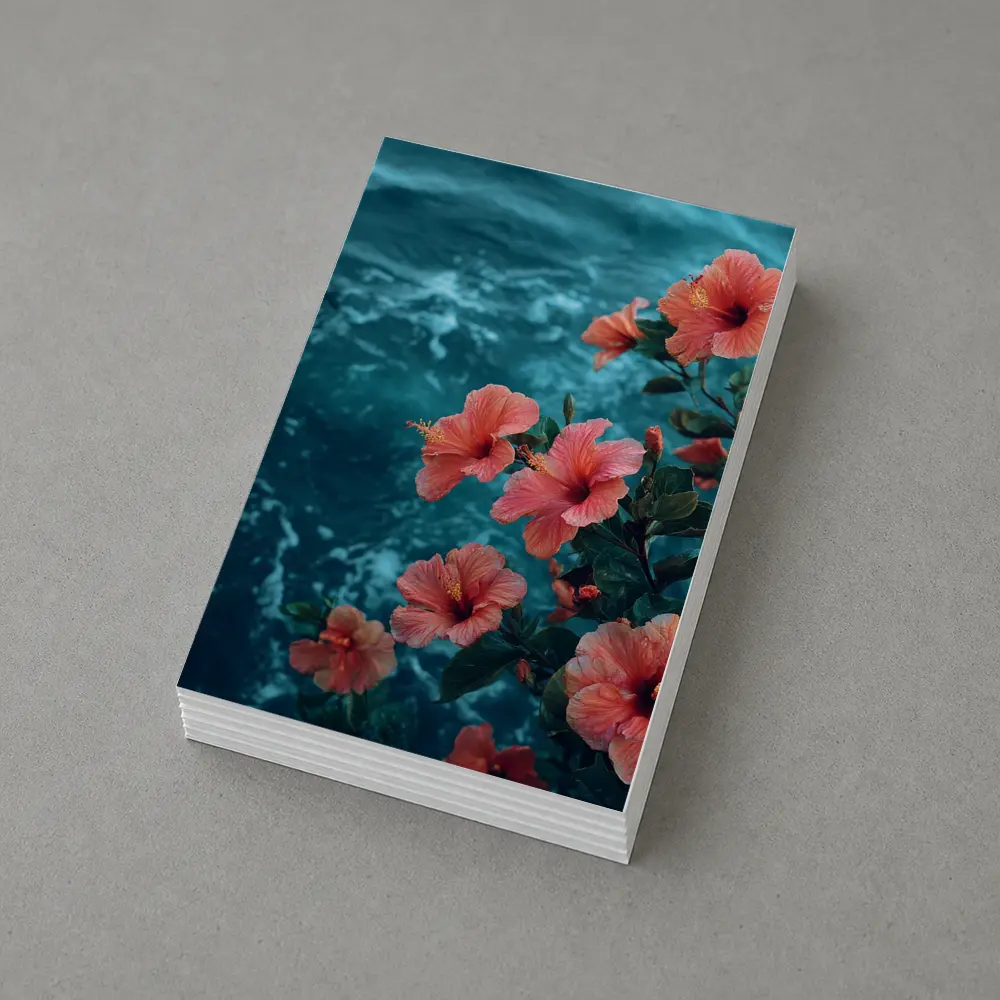 Pink Hibiscus Flowers Over Teal Ocean – Postcards