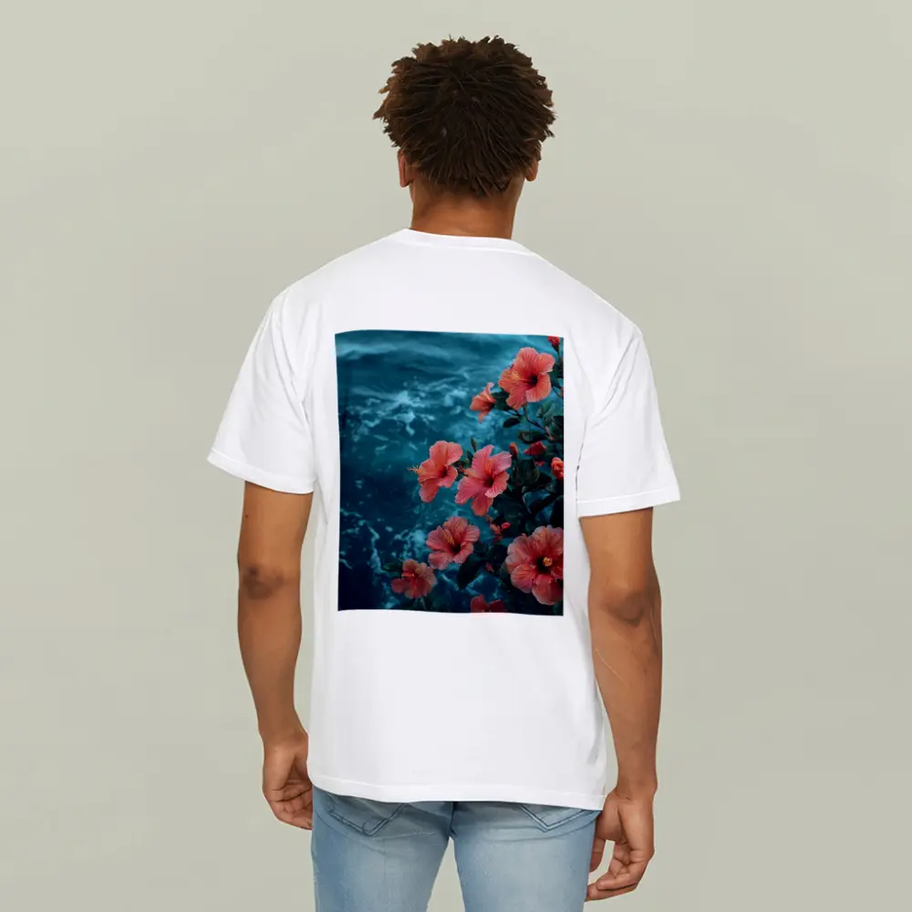 Pink Hibiscus Flowers Over Teal Ocean – T-Shirts
