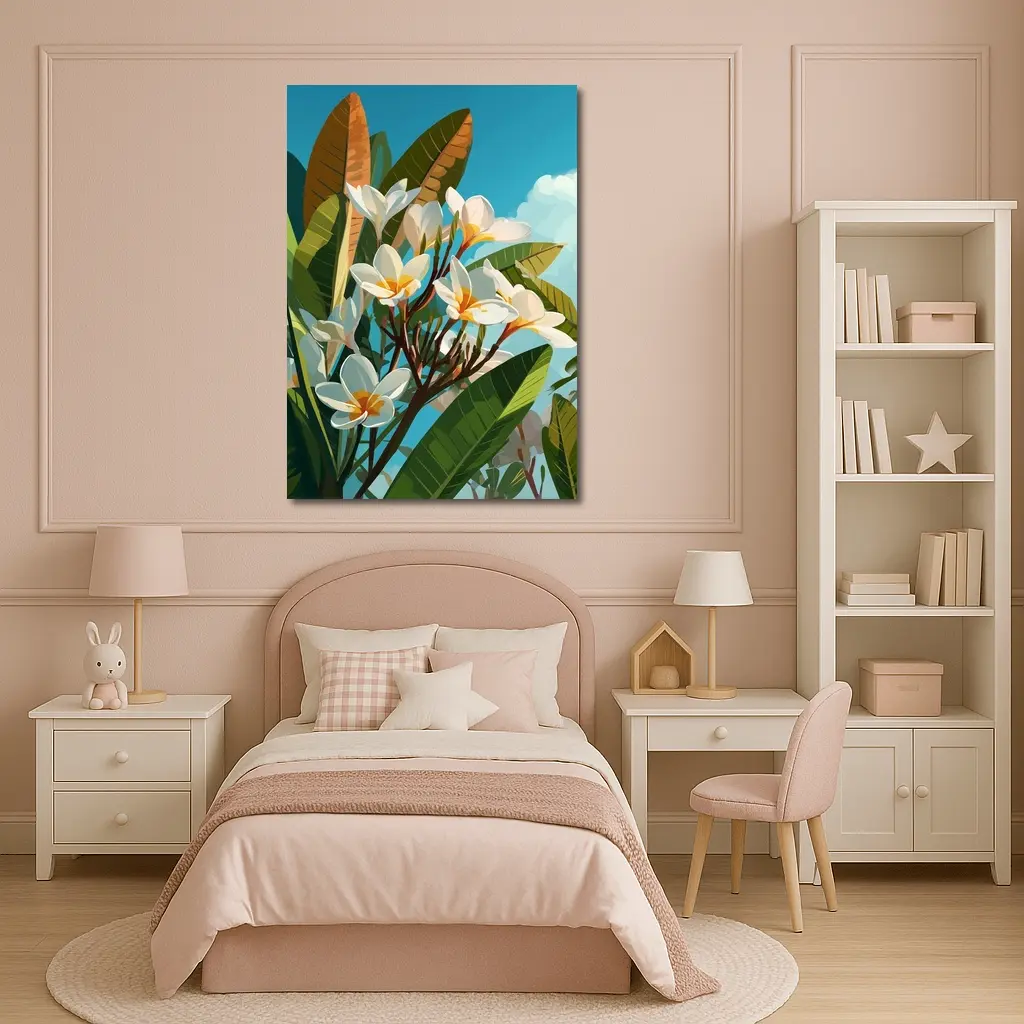 Plumeria Flowers Tropical Sky Illustration Art – Wall Art