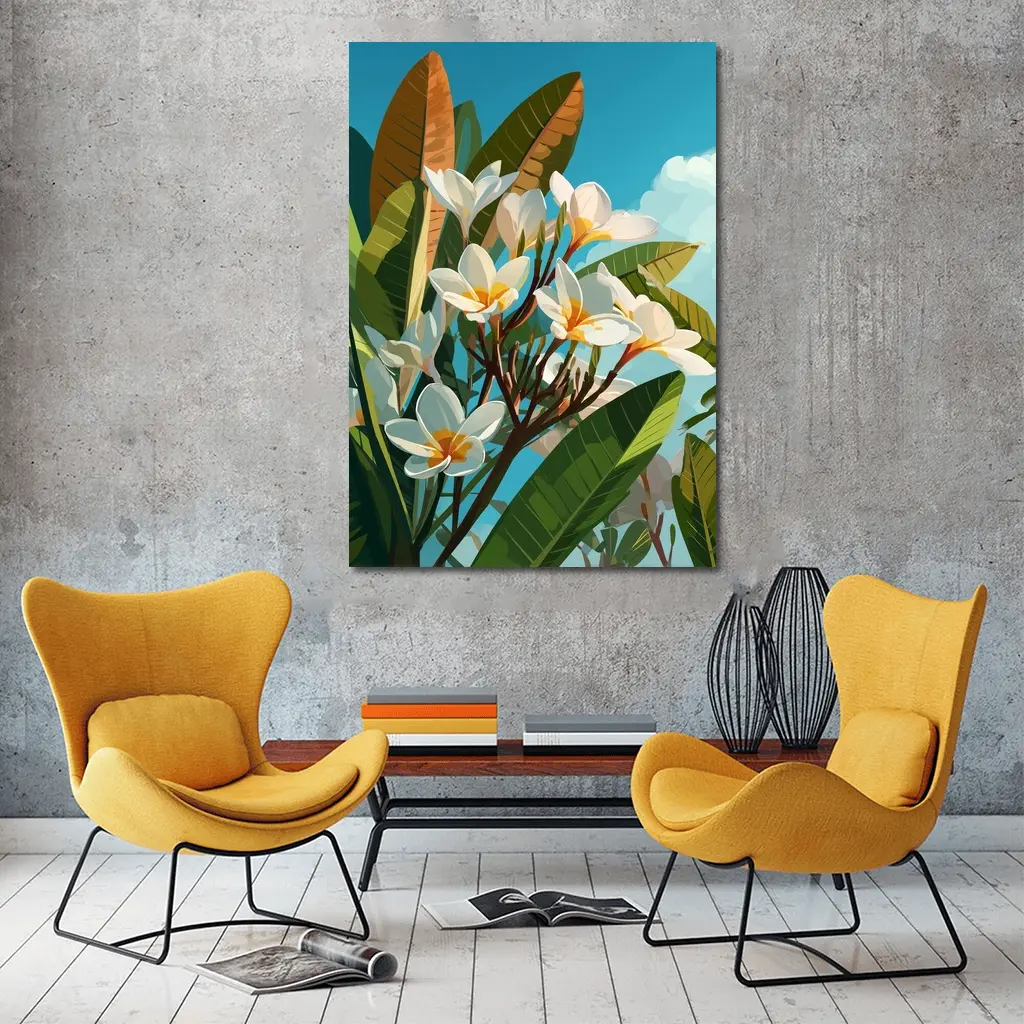 Plumeria Flowers Tropical Sky Illustration Art – Wall Art