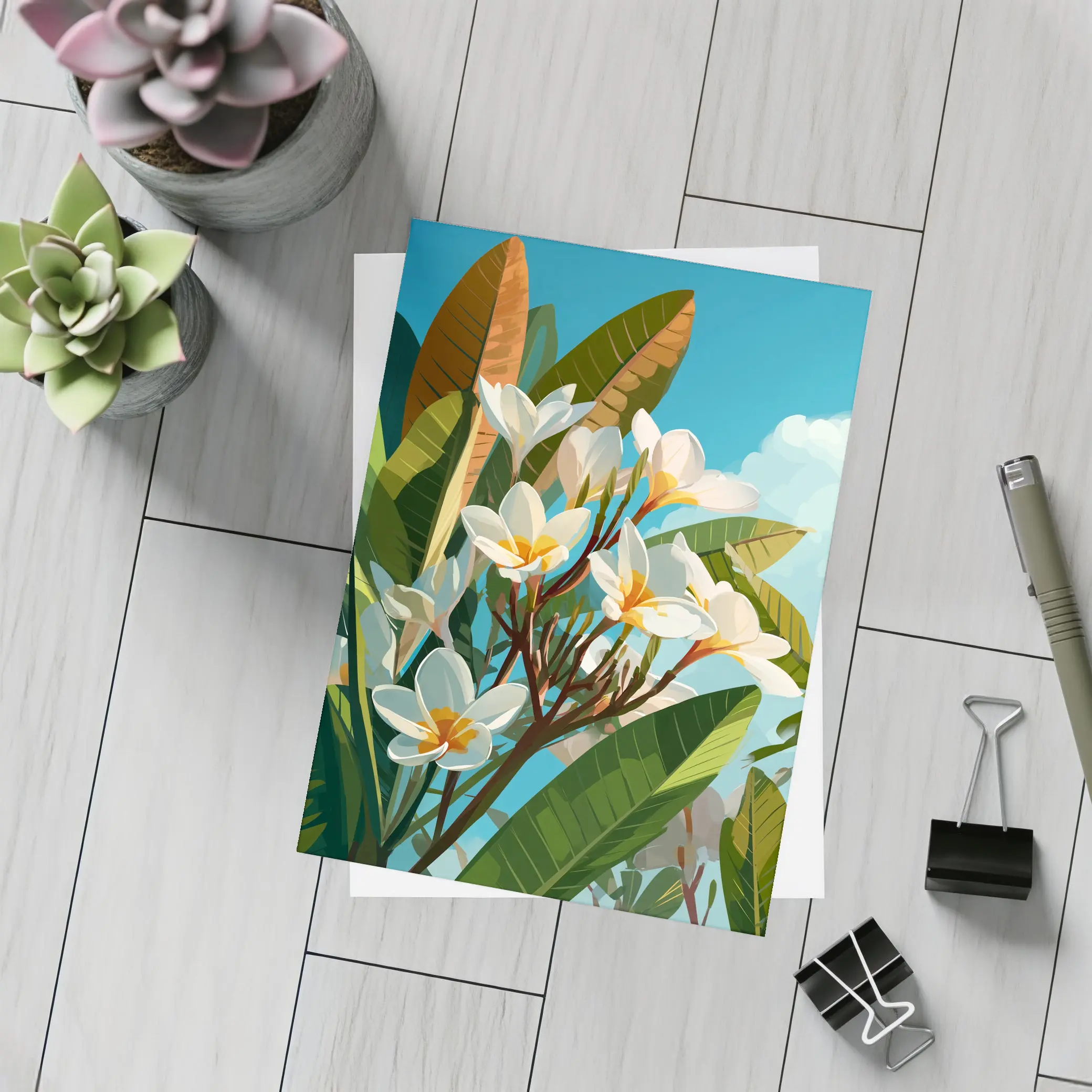 Plumeria Flowers Tropical Sky Illustration Art – Postcards
