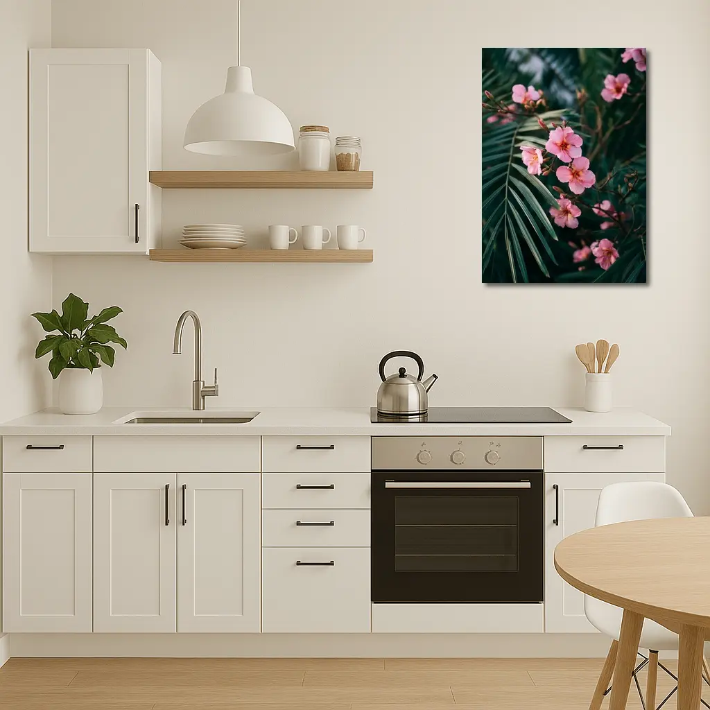 Pink Oleander Flowers Among Green Palm Leaves – Wall Art