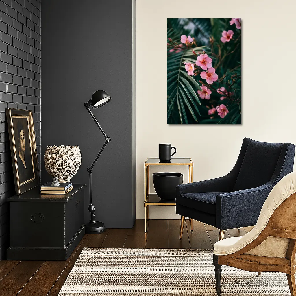 Pink Oleander Flowers Among Green Palm Leaves – Wall Art