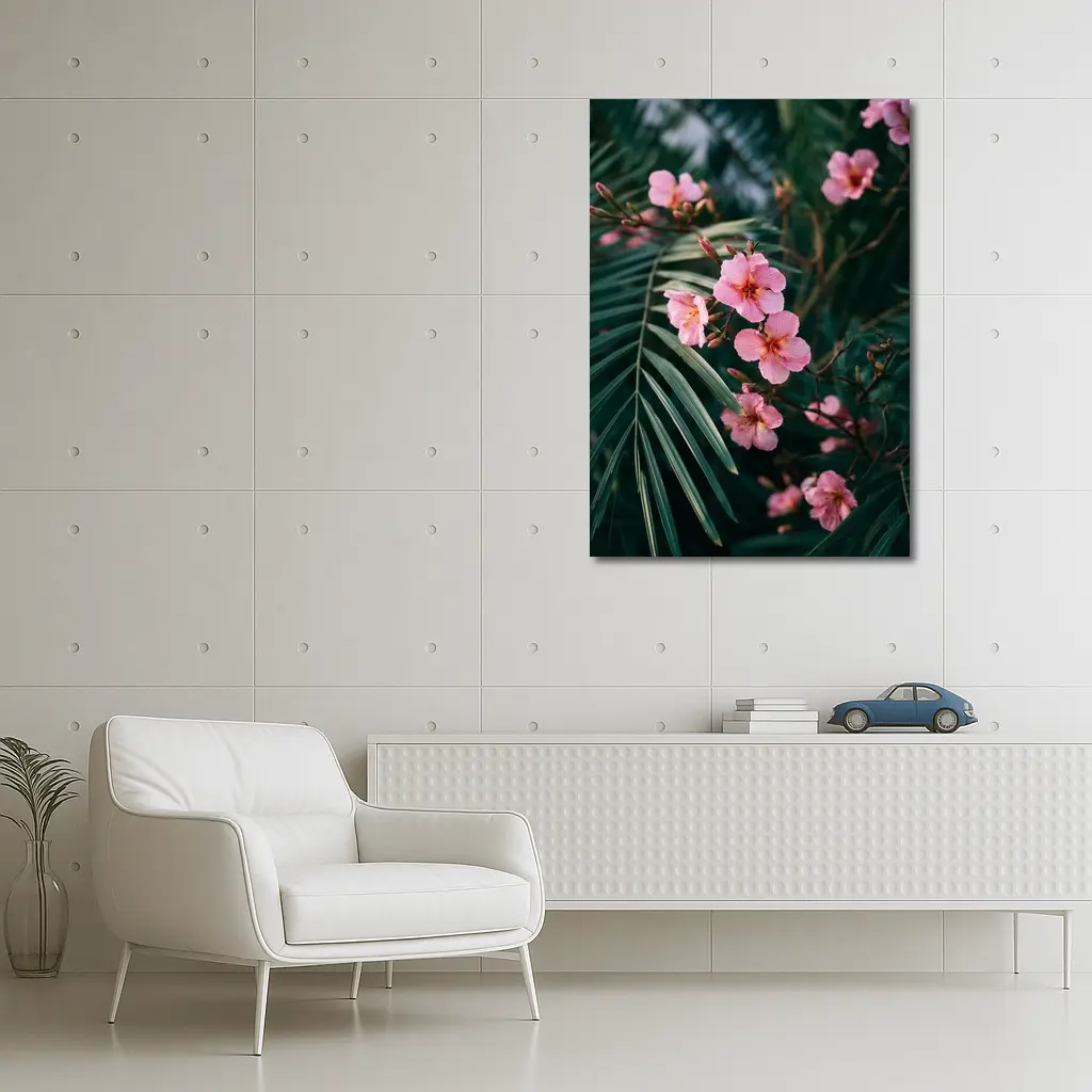 Pink Oleander Flowers Among Green Palm Leaves – Wall Art