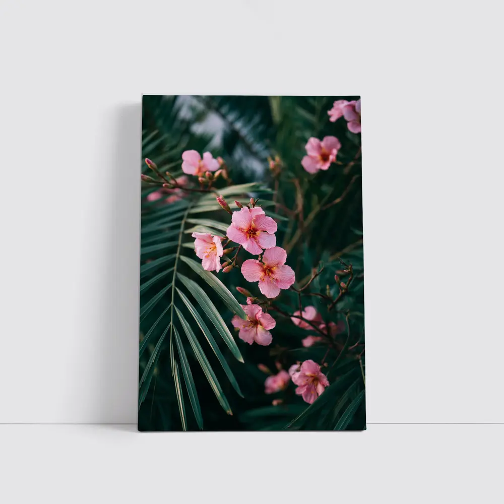 Pink Oleander Flowers Among Green Palm Leaves – Wall Art