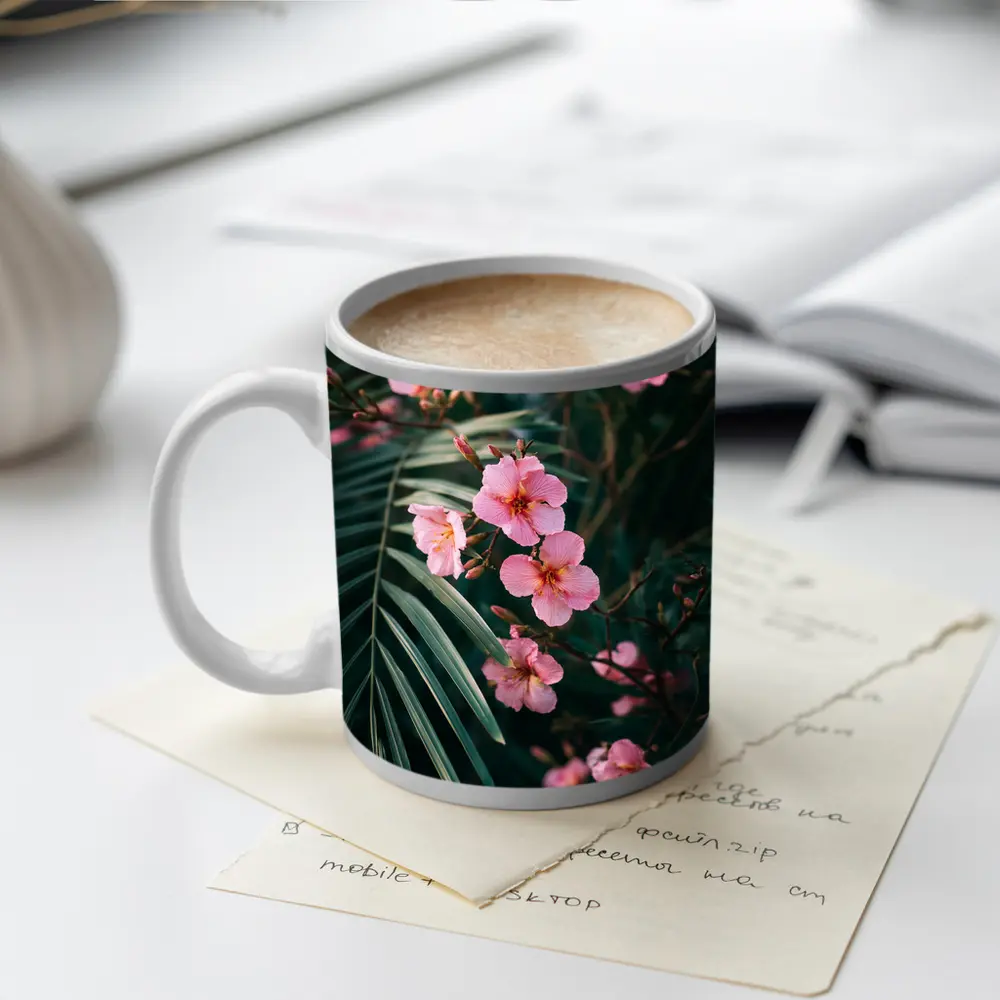 Pink Oleander Flowers Among Green Palm Leaves – Mugs
