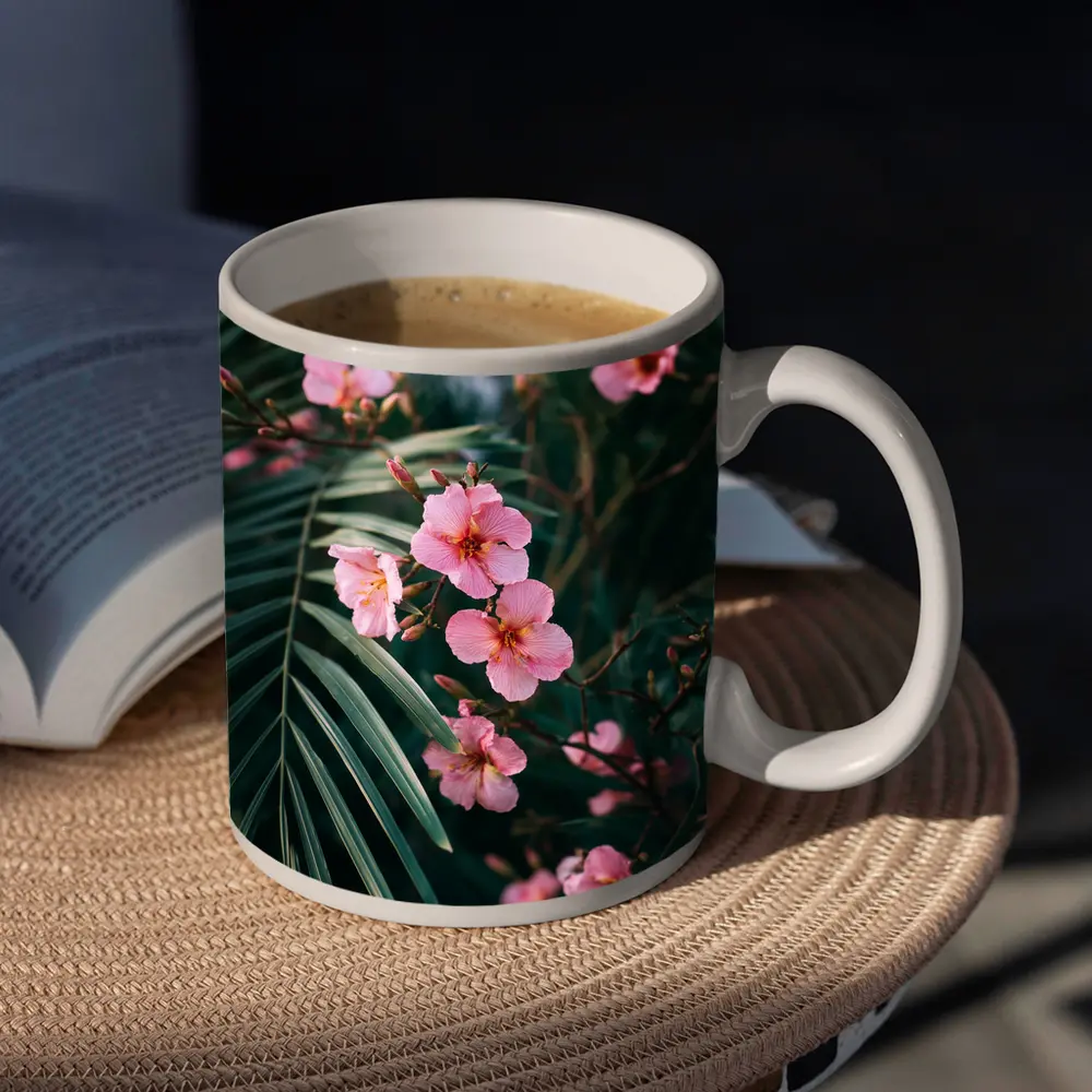 Pink Oleander Flowers Among Green Palm Leaves – Mugs