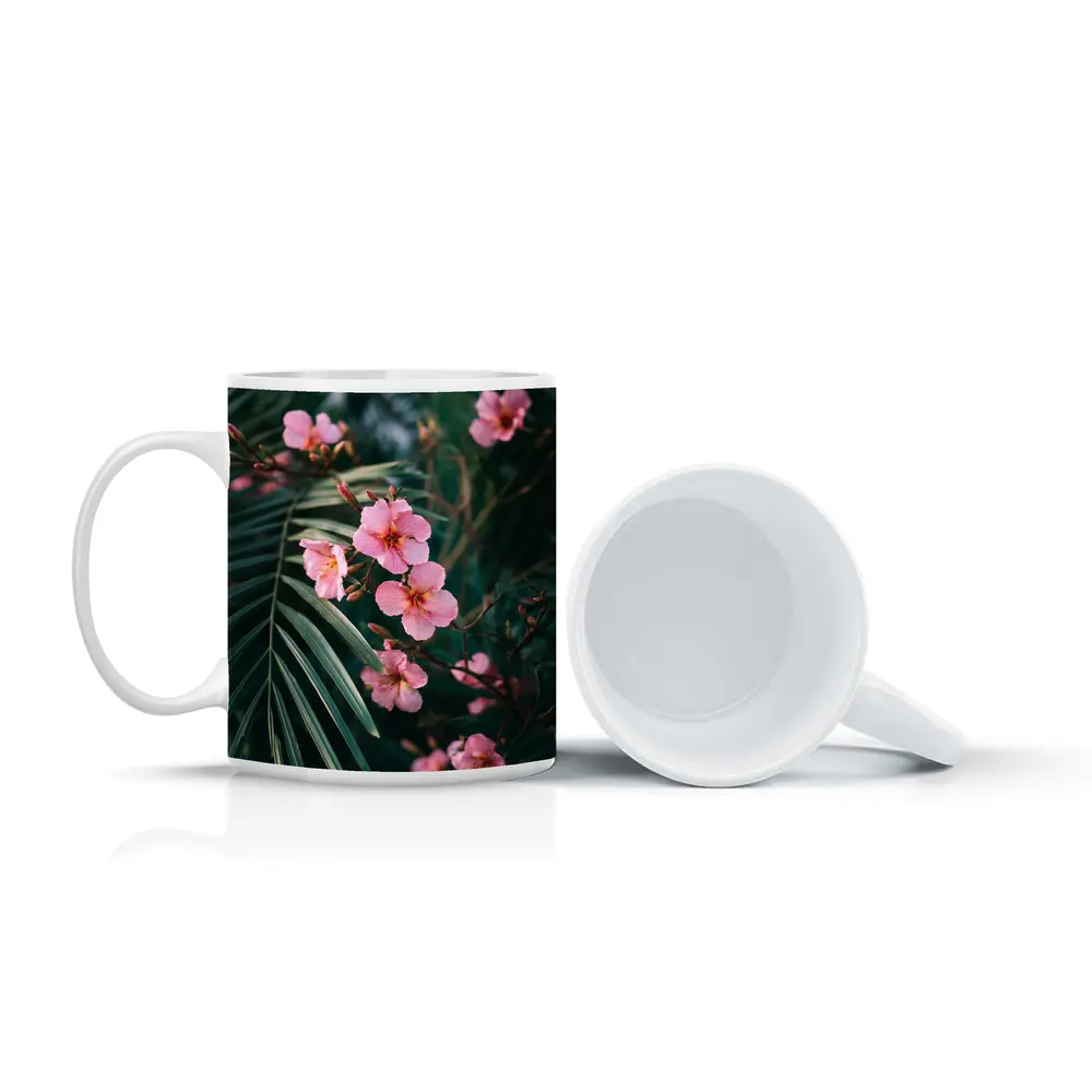 Pink Oleander Flowers Among Green Palm Leaves – Mugs