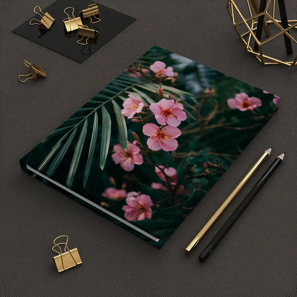 Pink Oleander Flowers Among Green Palm Leaves – Notebooks