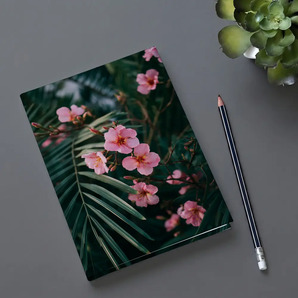 Pink Oleander Flowers Among Green Palm Leaves – Notebooks