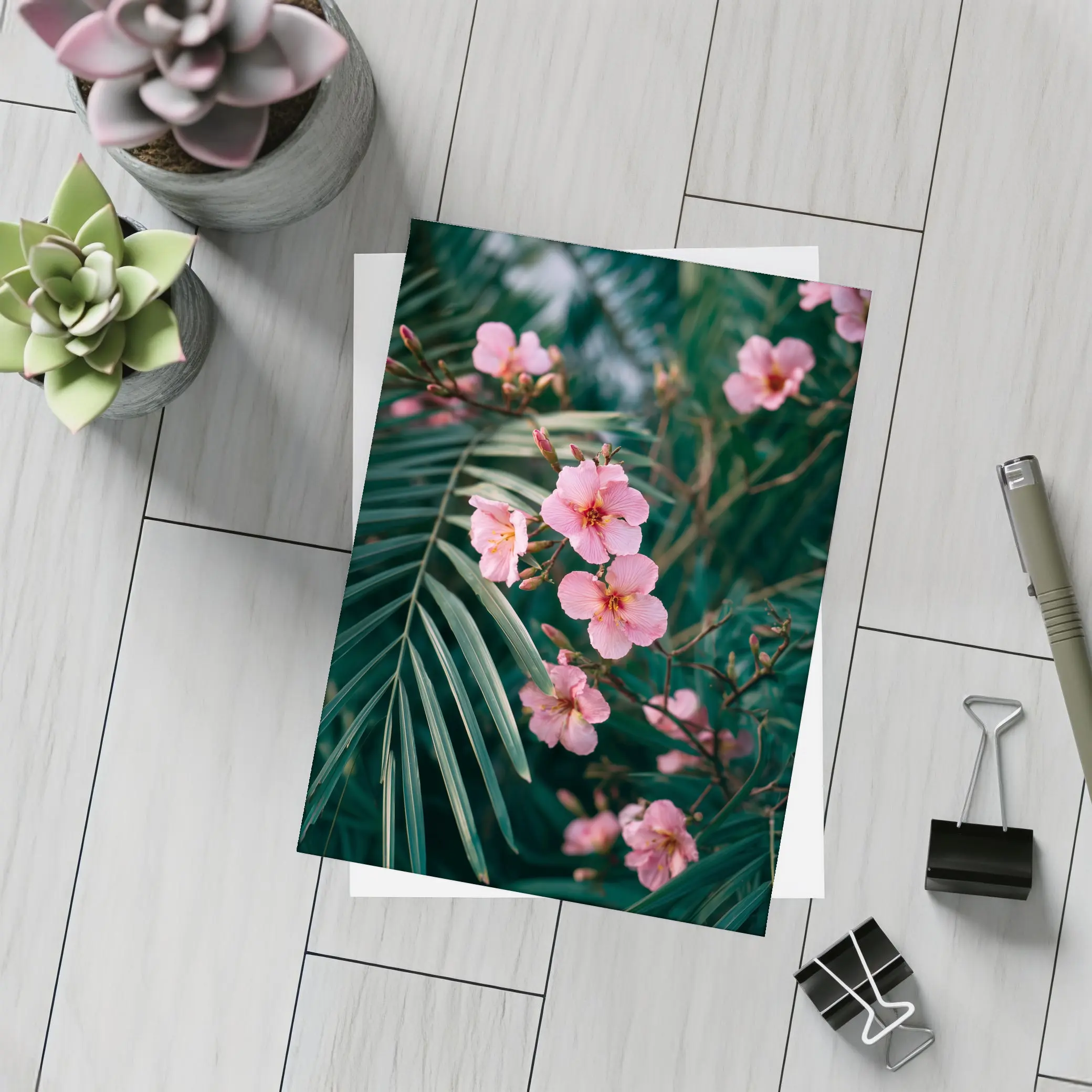 Pink Oleander Flowers Among Green Palm Leaves – Postcards