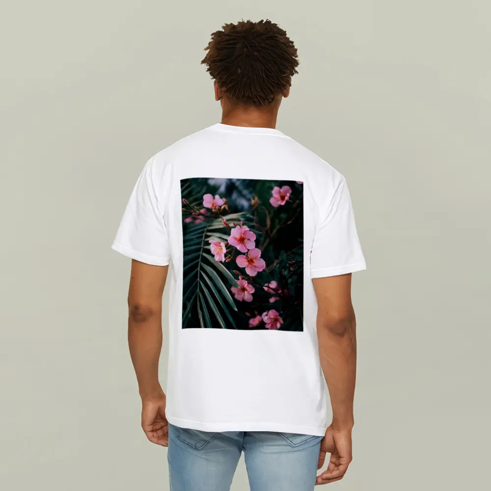 Pink Oleander Flowers Among Green Palm Leaves – T-Shirts