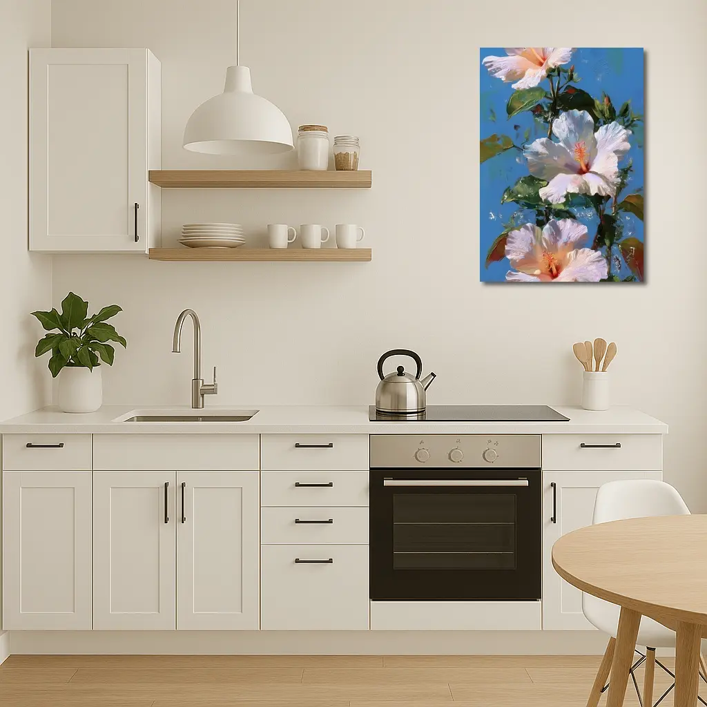 White Hibiscus Flowers Blue Sky Painting – Wall Art