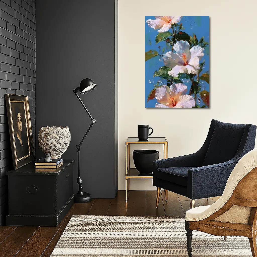 White Hibiscus Flowers Blue Sky Painting – Wall Art