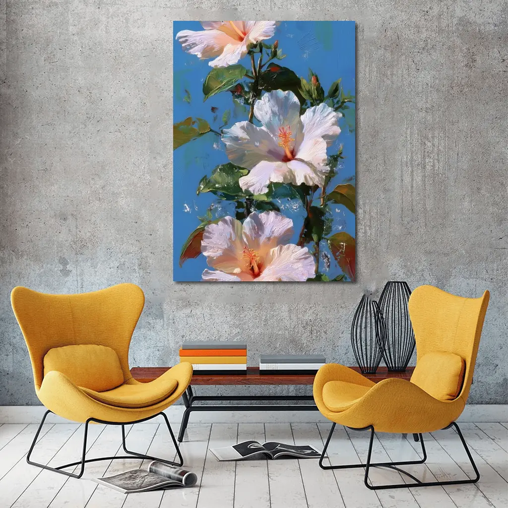 White Hibiscus Flowers Blue Sky Painting – Wall Art
