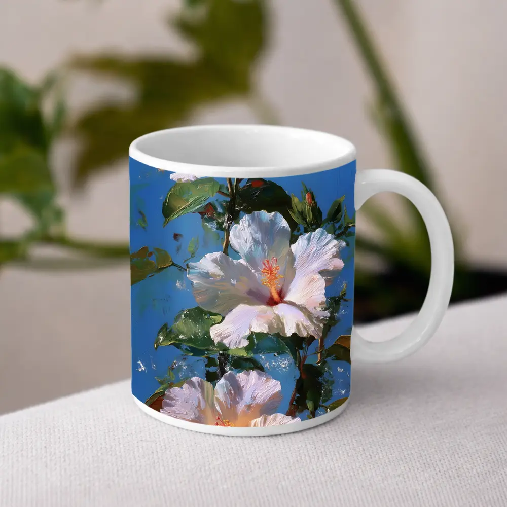 White Hibiscus Flowers Blue Sky Painting – Mugs
