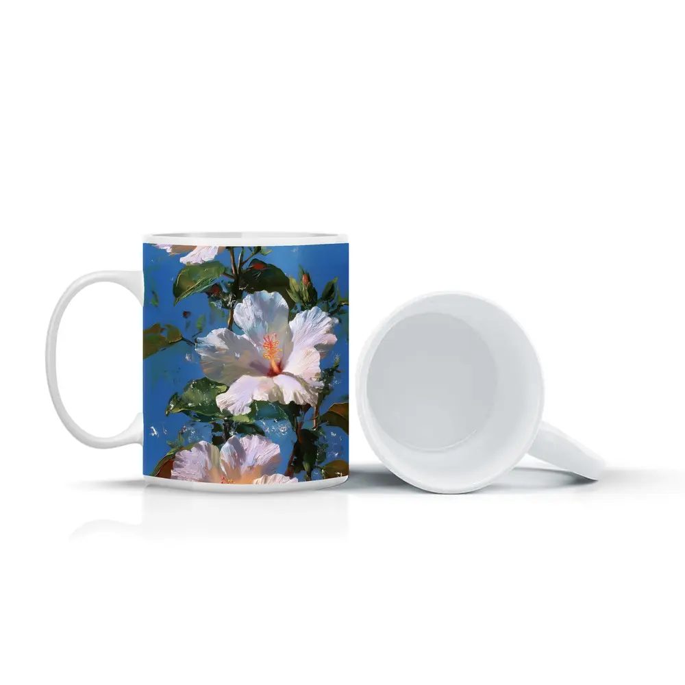 White Hibiscus Flowers Blue Sky Painting – Mugs