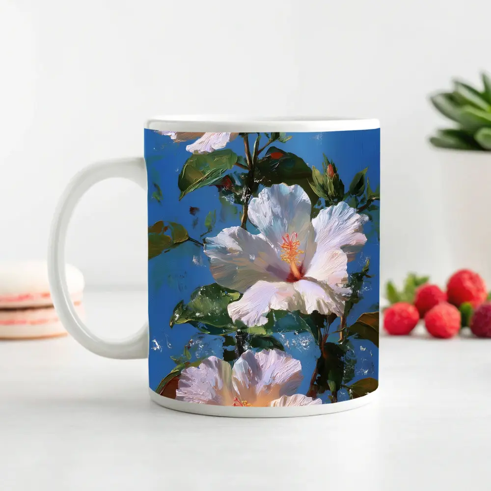 White Hibiscus Flowers Blue Sky Painting – Mugs