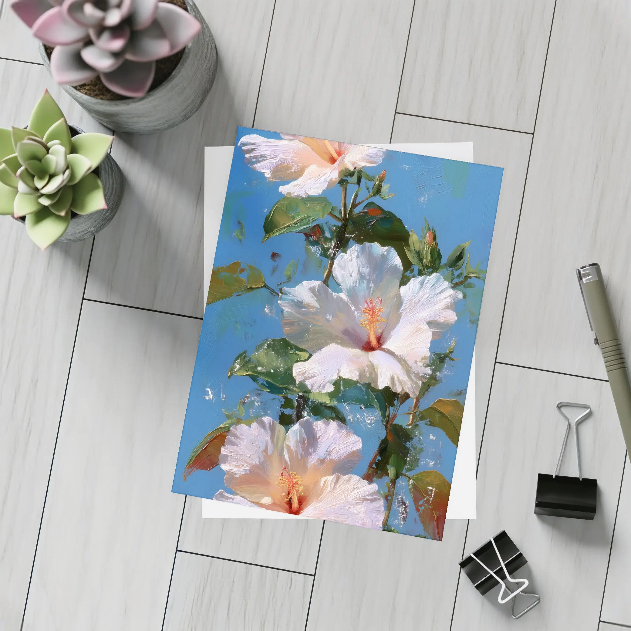 White Hibiscus Flowers Blue Sky Painting – Postcards