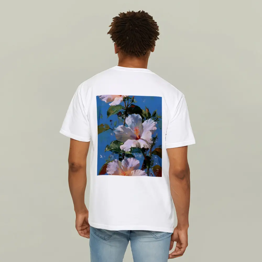 White Hibiscus Flowers Blue Sky Painting – T-Shirts