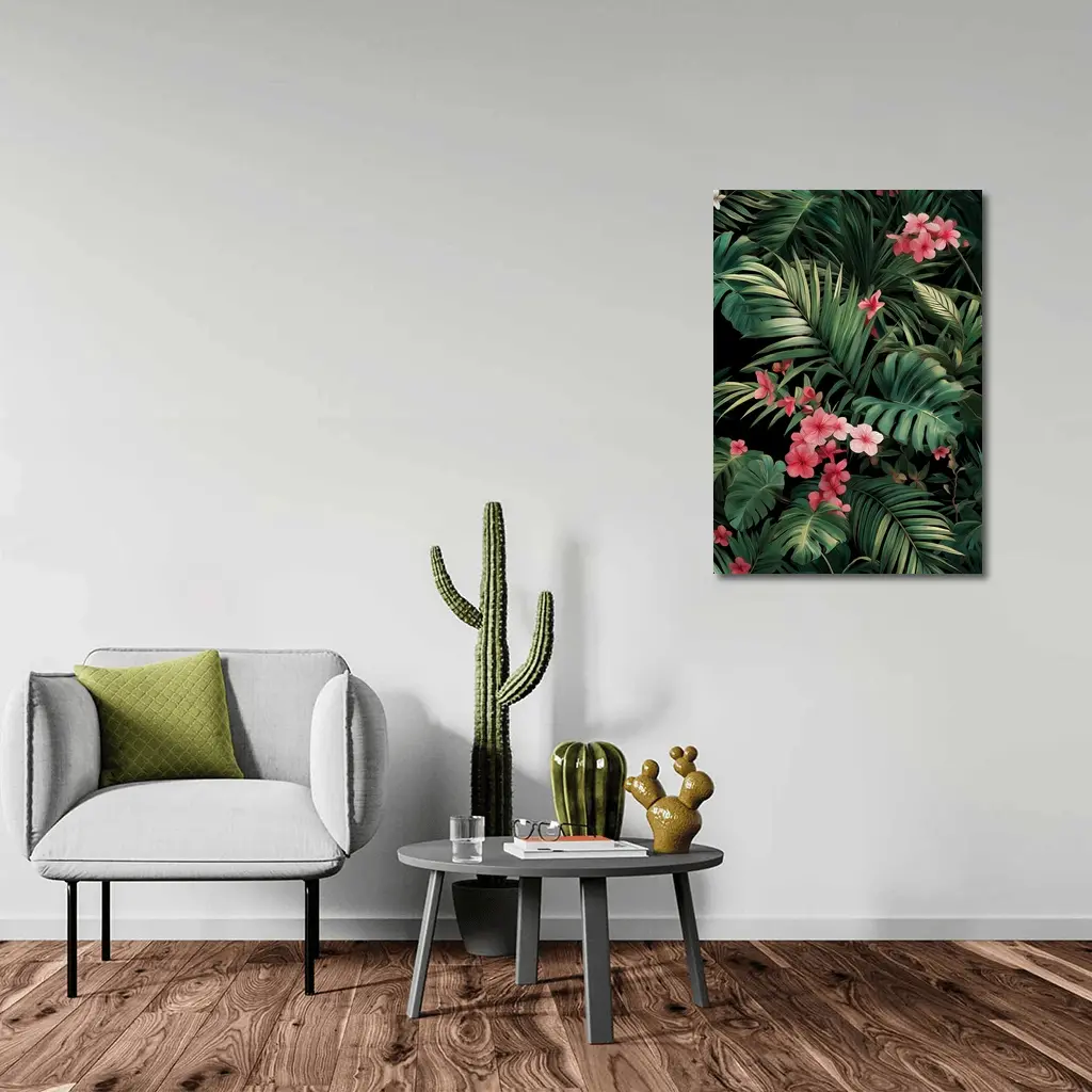 Tropical Leaves Pink Flowers Dark Background – Wall Art