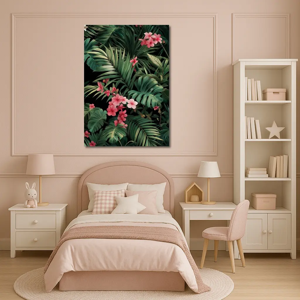 Tropical Leaves Pink Flowers Dark Background – Wall Art