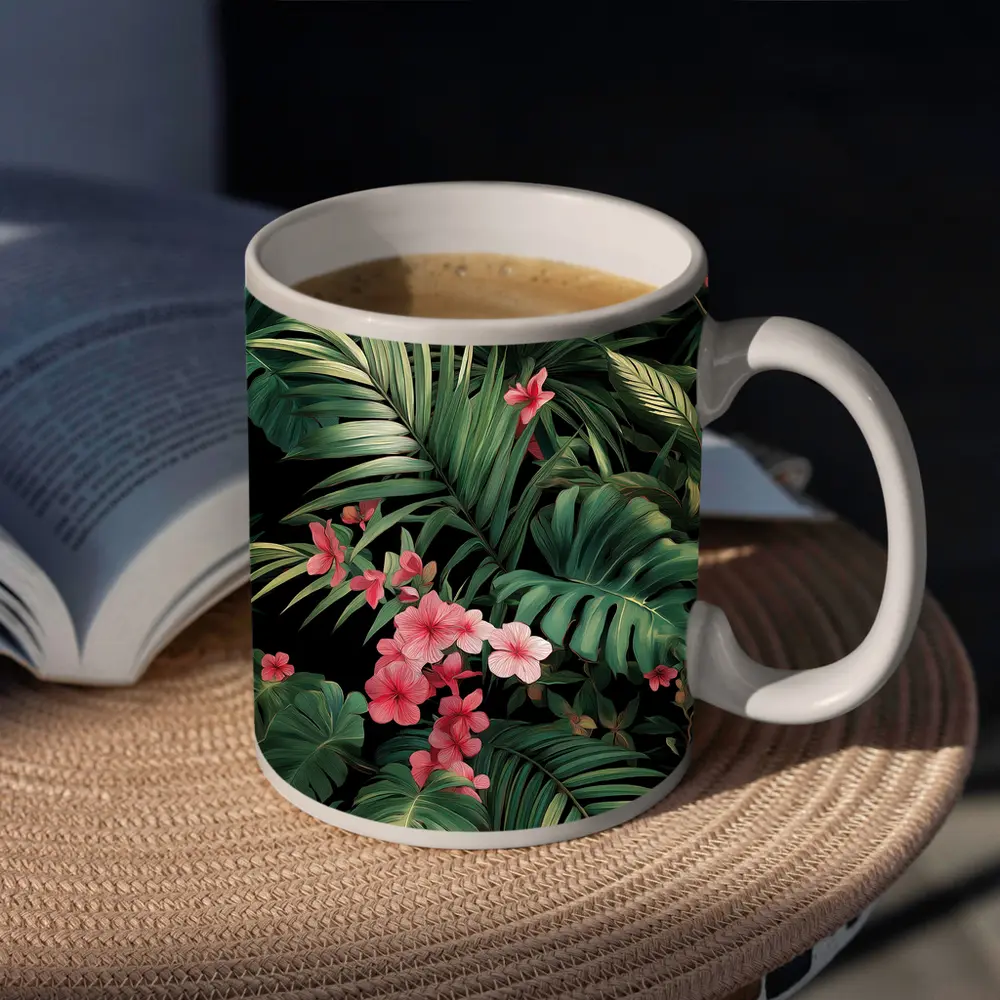 Tropical Leaves Pink Flowers Dark Background – Mugs