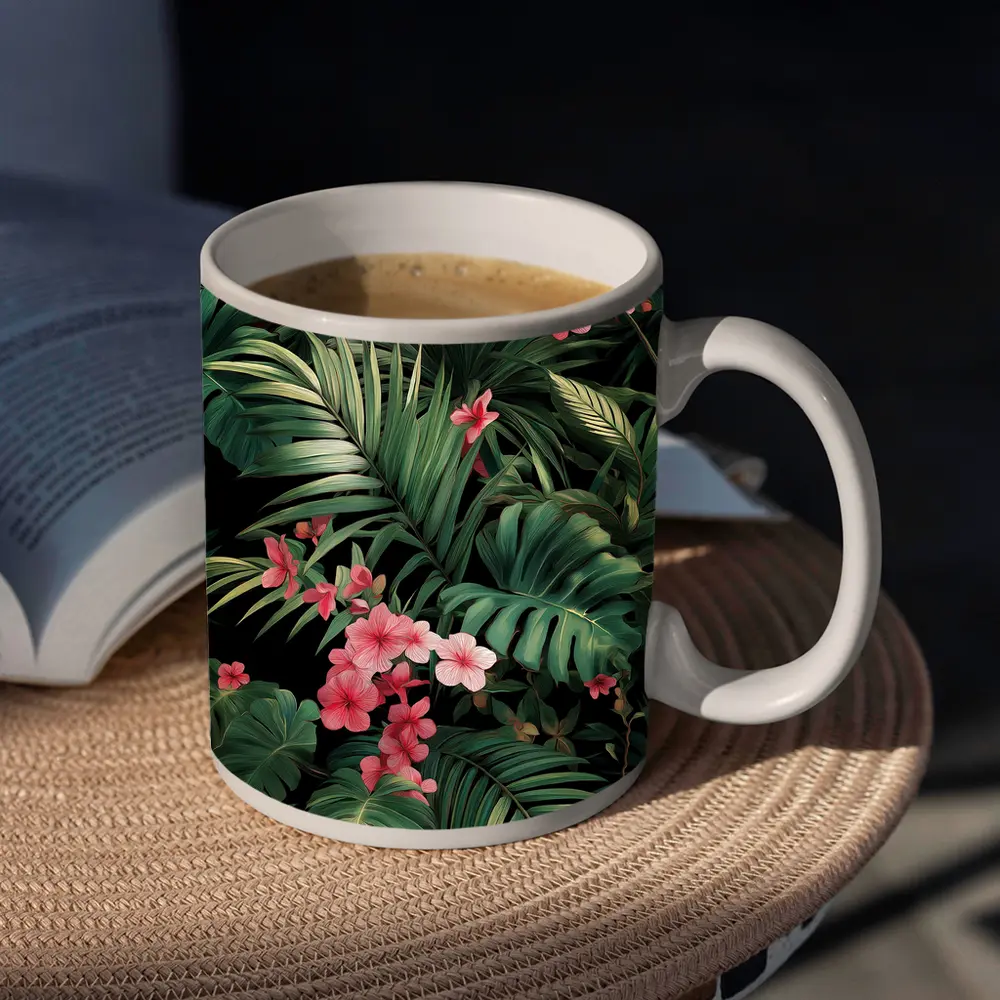Tropical Leaves Pink Flowers Dark Background – Mugs