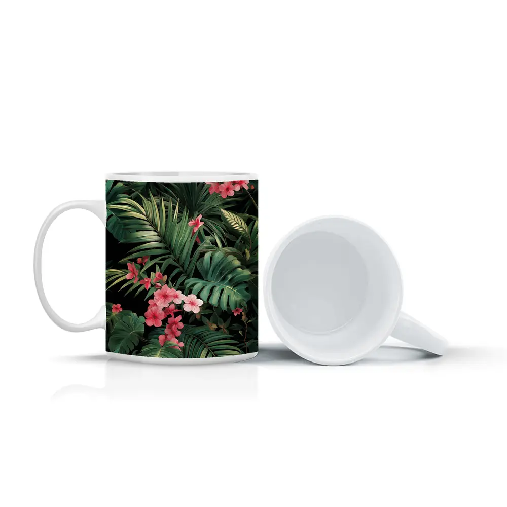 Tropical Leaves Pink Flowers Dark Background – Mugs