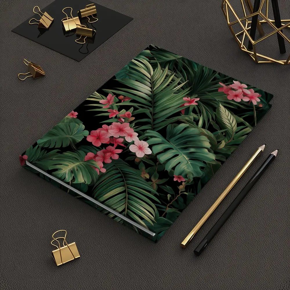 Tropical Leaves Pink Flowers Dark Background – Notebooks