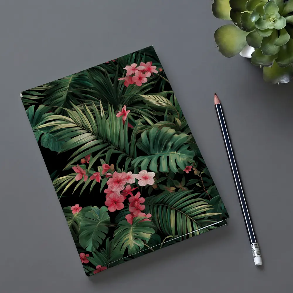 Tropical Leaves Pink Flowers Dark Background – Notebooks