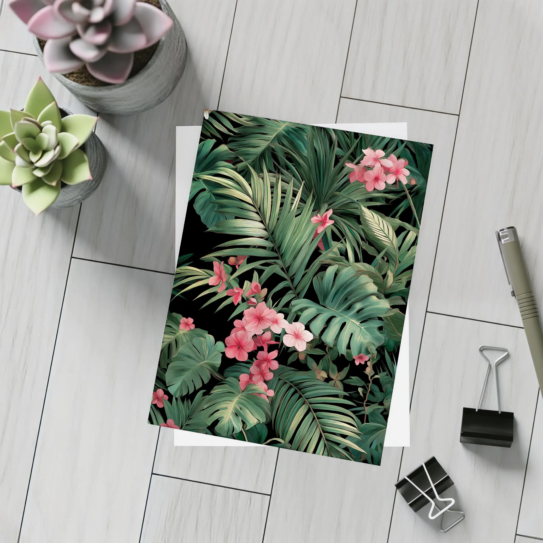 Tropical Leaves Pink Flowers Dark Background – Postcards