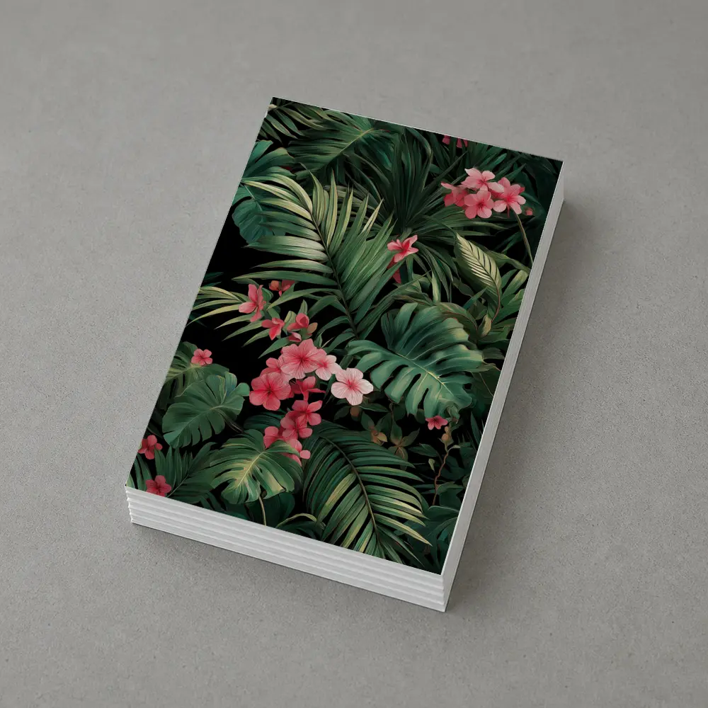 Tropical Leaves Pink Flowers Dark Background – Postcards