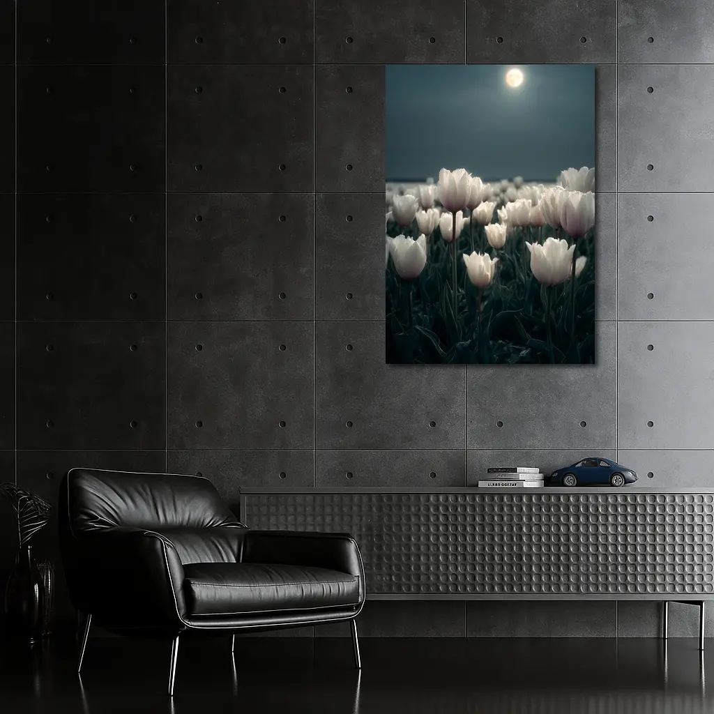 White Tulips Field Under Full Moon – Wall Art