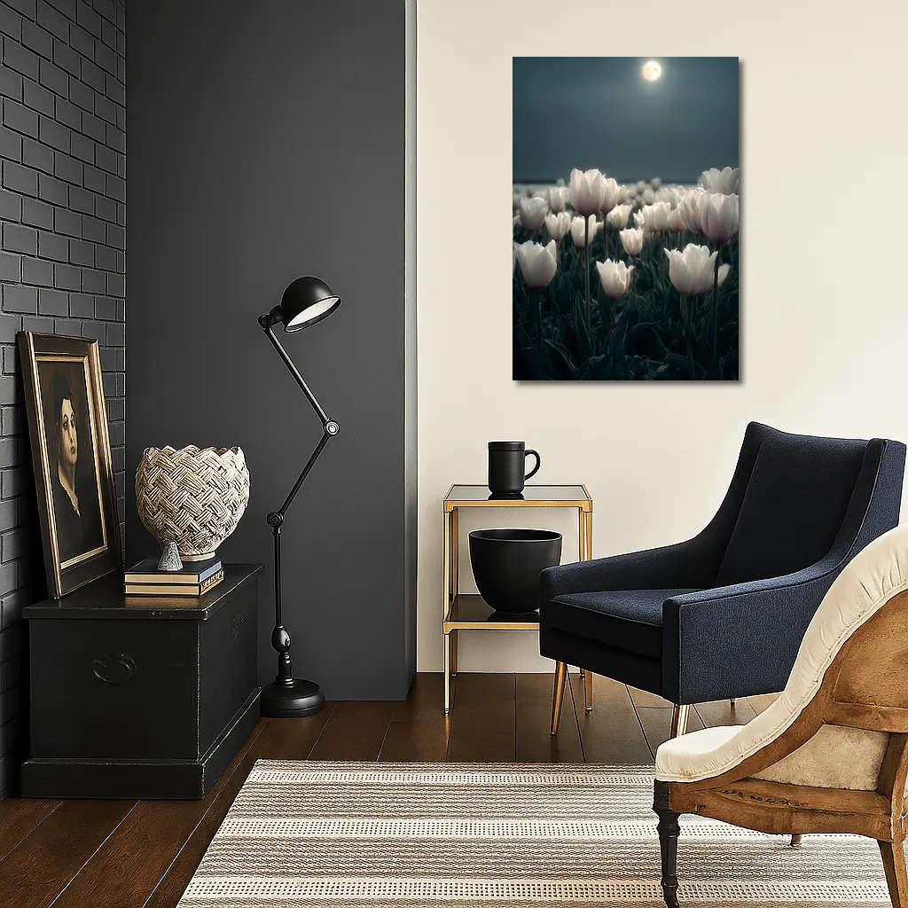 White Tulips Field Under Full Moon – Wall Art