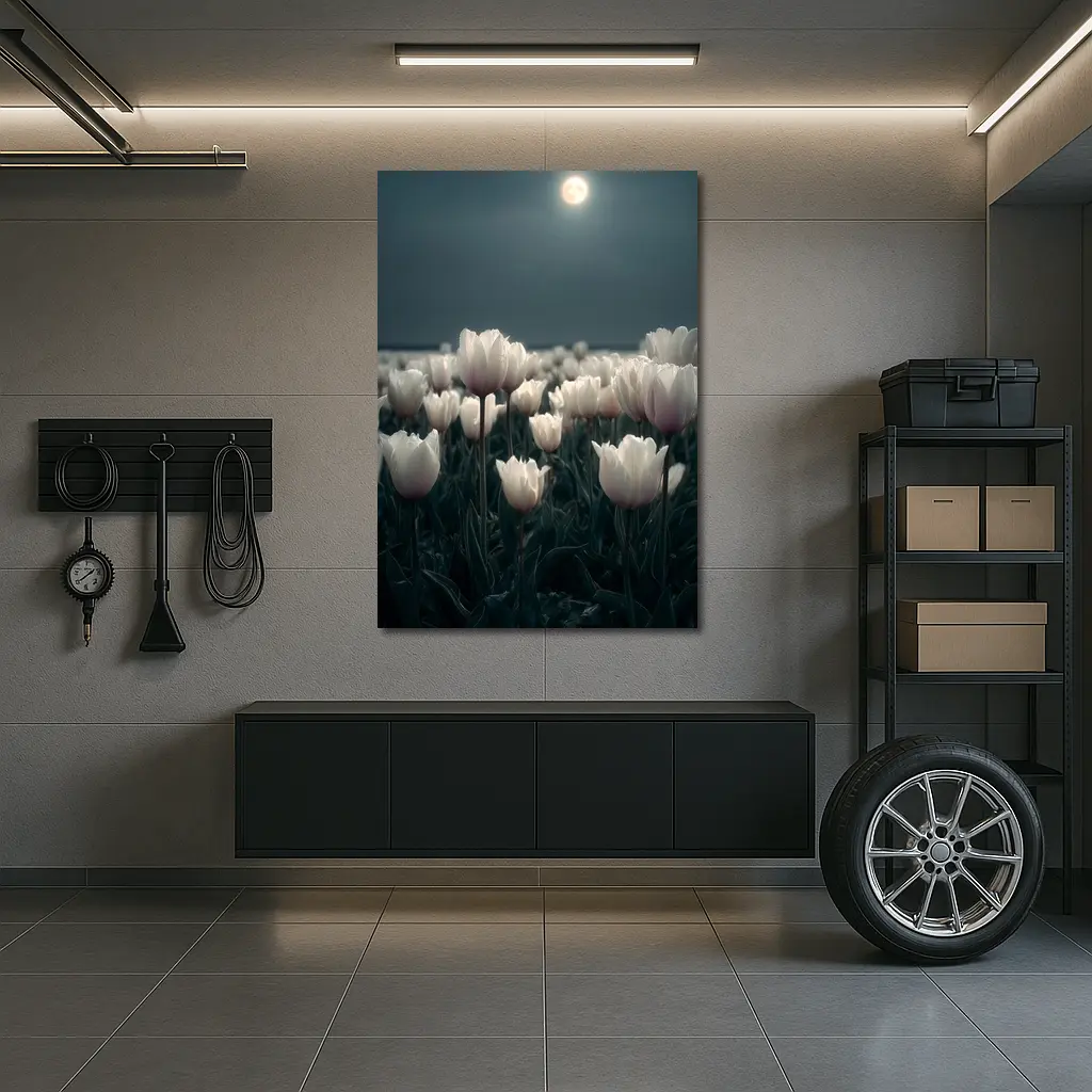 White Tulips Field Under Full Moon – Wall Art